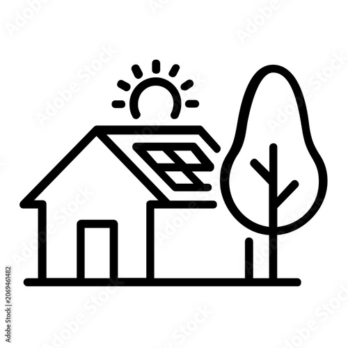 Vector illustration of an eco house line icon drawn with clean minimalist strokes, designed for green building, sustainable architecture, and environmental design content.
