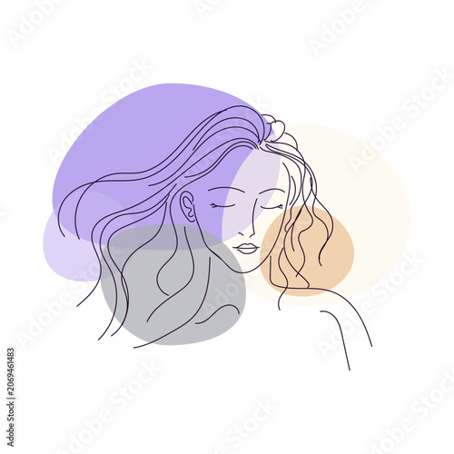 Serene woman face with closed eyes abstract line art illustration with pastel circles background for beauty or meditation concept