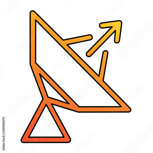 Vector illustration of a satellite internet dish pointing up as a minimalist flat line icon, designed for telecommunications, broadband, wireless network, and signal technology themes.