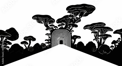 Surreal mushroom forest pathway leading to an arched portal in a dreamlike landscape