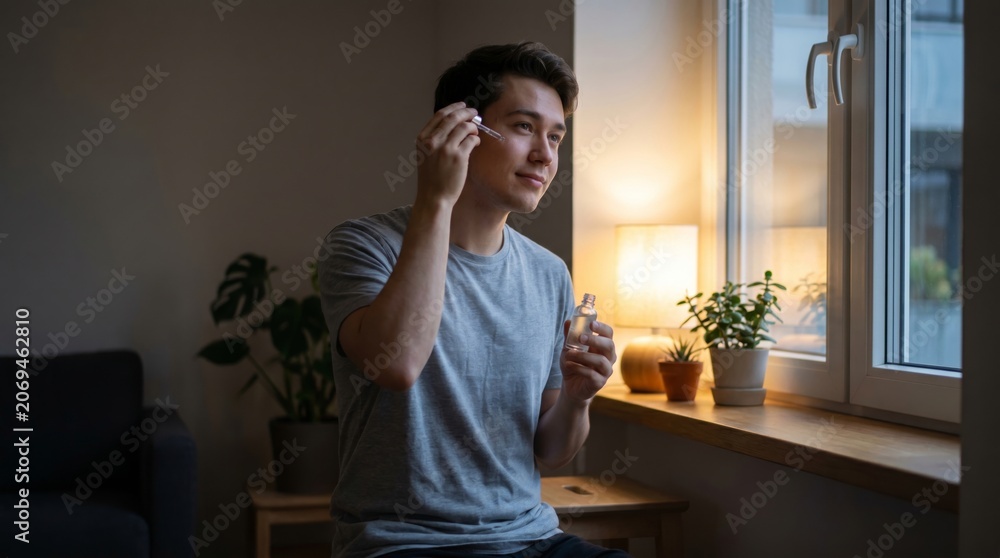 Fototapeta premium Young man applying facial serum with dropper near window in quiet evening. Guy doing skincare routine in cozy home interior with ambient light. Hygiene, self care and grooming concept.