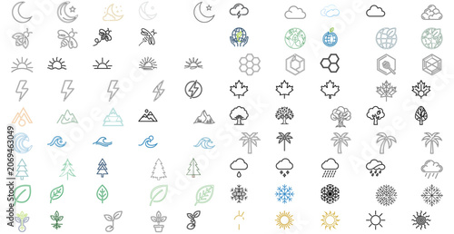 Nature and Environment 1 Vector Icon Set featuring 90 minimalist line icons of crescent moons, fluffy clouds, flying bees, eco globes, sunrises, and honeycombs for sustainable branding and web design.