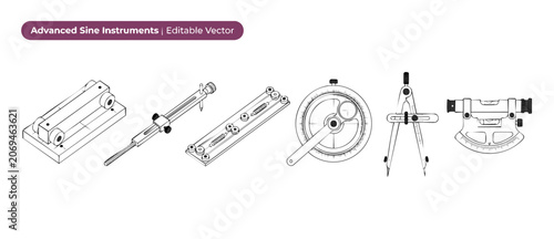 Cuadro en lienzo Mathematical drafting instruments vector icons set including sine bar, beam compass, and clinometer for engineering schematic design, education, geometry measurement tool icons on white background