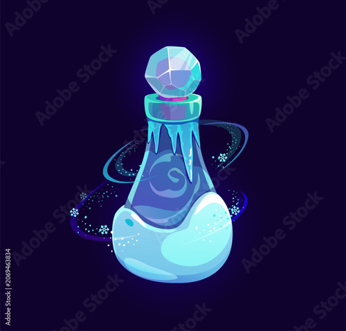 Canvastavla Cartoon magic potion bottle, alchemy elixir and Halloween witchcraft ice frost spell