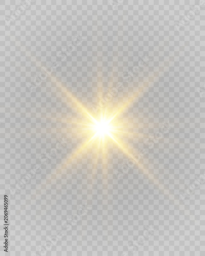 Golden lens flare and bright sun rays overlay set. Realistic glowing starburst flash, blinding sunbeams and shining light effects on transparent background. Vector illumination elements.