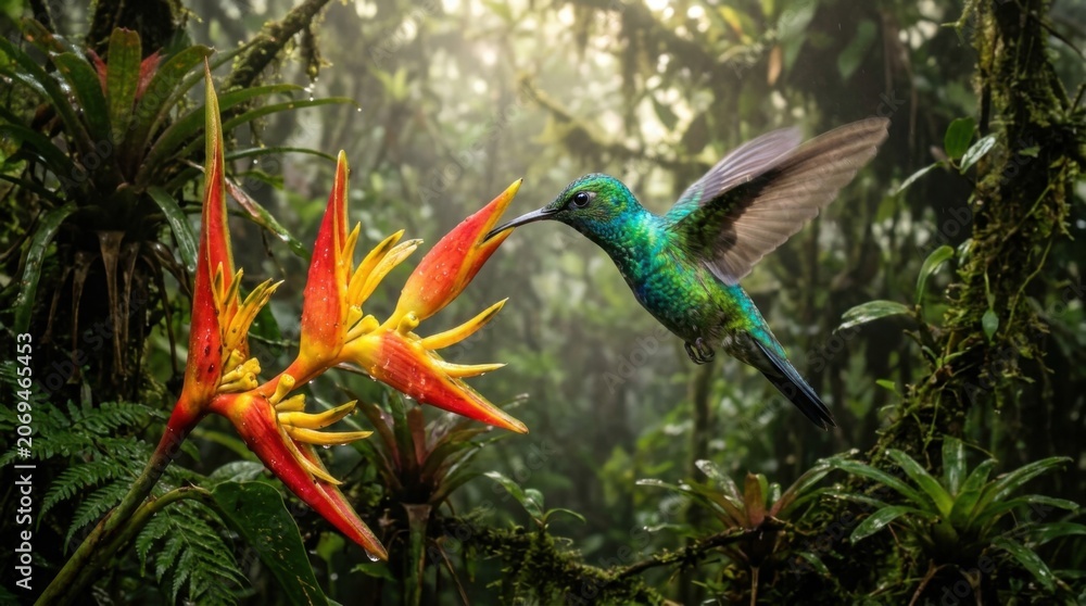 Fototapeta premium Vibrant hummingbird sips nectar from a tropical flower in a lush rainforest.