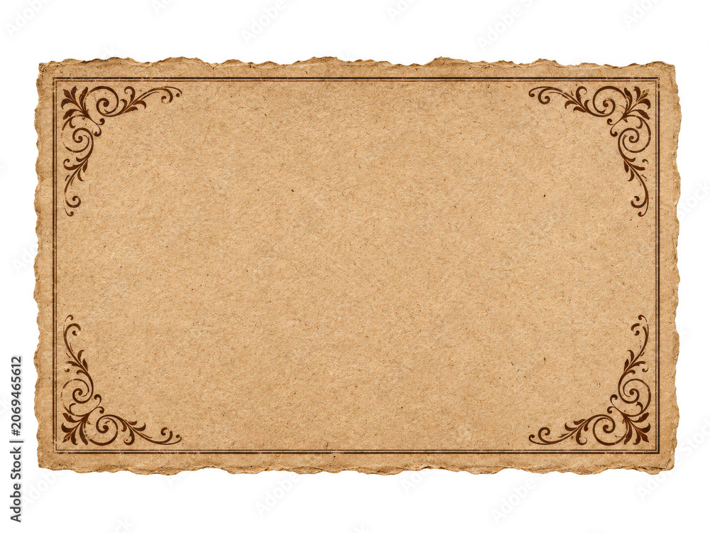 Fototapeta premium Aged paper texture with ornate vintage border and torn edges.