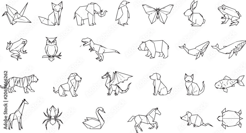 Obraz premium Whimsical animal doodles set with origami fox