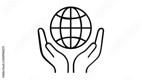 Vector illustration of a save the earth hands line icon depicting two cupped hands holding or protecting the globe symbolizing environmental conservation in a flat minimalist style.