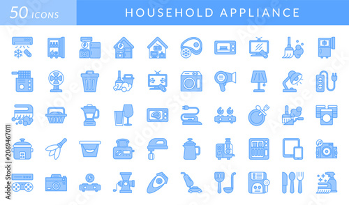 Tableau sur toile Household appliances icon set featuring kitchen equipment, cleaning tools, home electronics, smart devices, cooking appliances, laundry essentials, entertainment systems, and daily living concepts