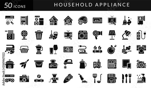 Household appliances icon set featuring kitchen equipment, cleaning tools, home electronics, smart devices, cooking appliances, laundry essentials, entertainment systems, and daily living concepts.