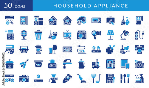 Household appliances icon set featuring kitchen equipment, cleaning tools, home electronics, smart devices, cooking appliances, laundry essentials, entertainment systems, and daily living concepts.