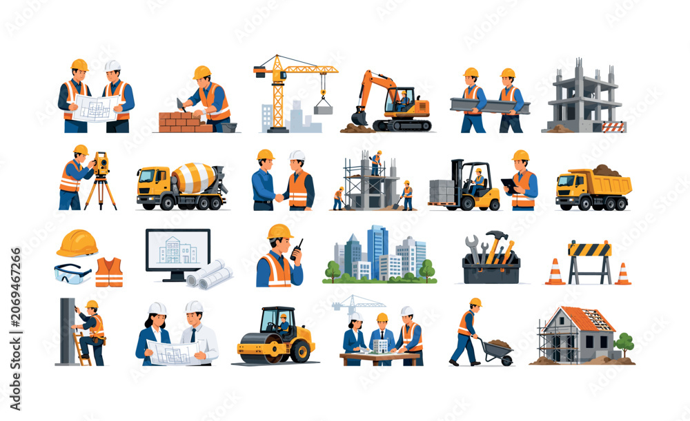 Fototapeta premium Construction teamwork icon set with workers, equipment, buildings and planning scenes, construction, teamwork, icons, workers,
