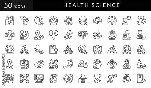 Health science icon set featuring medical research, diagnostics, genetics, healthcare, wellness, laboratory analysis, patient care, nutrition, disease prevention, and clinical science concepts.