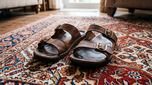 Two well-worn brown leather sandals facing forward on a richly patterned indoor rug, showing paired buckles, wide straps, dark footbeds, textured soles, and a softly furnished home background