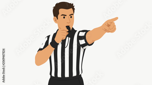 Professional sports referee blowing a whistle and pointing forward in a clean flat vector illustration style, ideal for game officiating, rules enforcement, and athletic competition concepts.