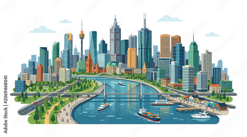 Naklejka premium Vibrant Cityscape with River, Bridges, and Modern Skyscrapers
