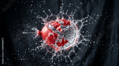 Red water balloon exploding from needle puncture with water splashing dramatically against a dark background