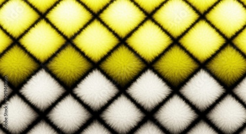 Furry diamond texture pattern with yellow and white pompoms on black grid lines seamless design element