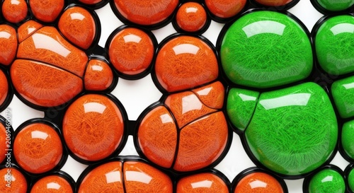 Colorful orange and green bubbles on white background  shiny rounded shapes