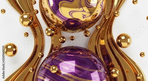 Purple and gold marbles with swirling patterns and shiny gold lines and spheres on white background  luxurious decorative elements