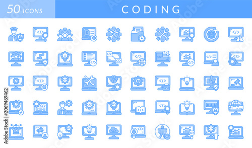 Coding icon set featuring software development, programming, debugging, automation, security, analytics, system integration, documentation, testing, and developer workflow concepts.