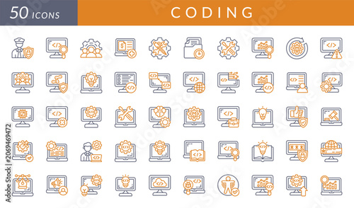 Coding icon set featuring software development, programming, debugging, automation, security, analytics, system integration, documentation, testing, and developer workflow concepts.