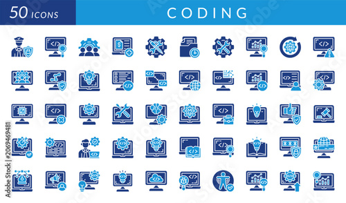 Coding icon set featuring software development, programming, debugging, automation, security, analytics, system integration, documentation, testing, and developer workflow concepts.