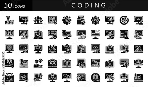 Coding icon set featuring software development, programming, debugging, automation, security, analytics, system integration, documentation, testing, and developer workflow concepts.