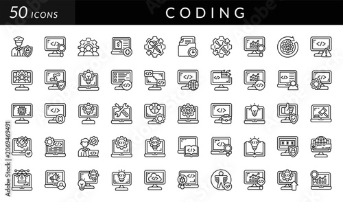Coding icon set featuring software development, programming, debugging, automation, security, analytics, system integration, documentation, testing, and developer workflow concepts.