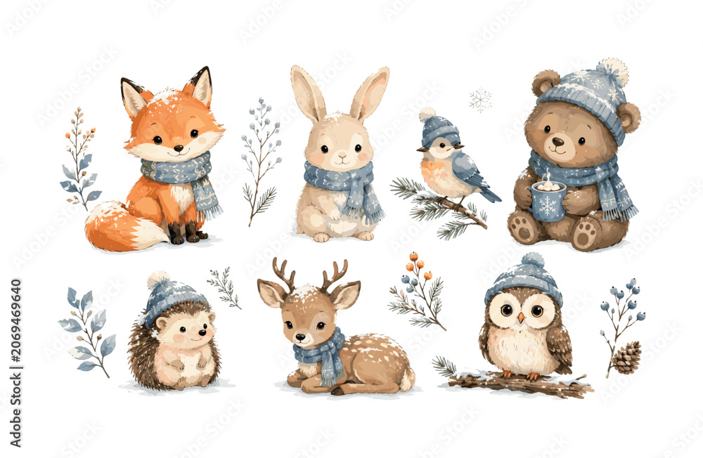 Fototapeta premium Cute watercolor woodland animals with soft winter accents, animals, woodland, fox, rabbit, bear, bird, watercolor, cute, winter,