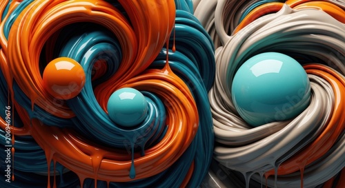 Swirling patterns of orange blue and gray paint with shiny balls and drips  abstract colorful design element
