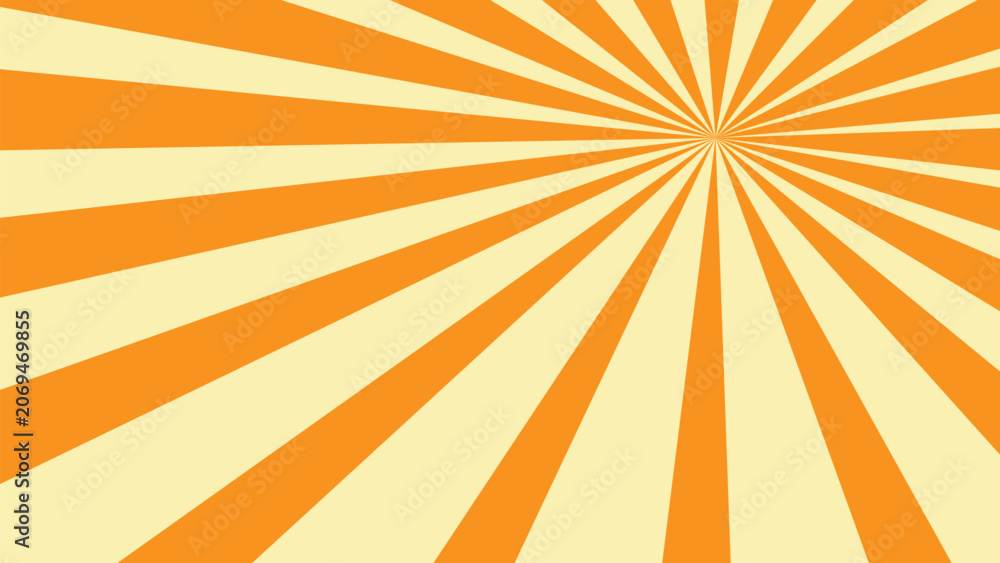 Fototapeta premium An abstract pop art illustration with dynamic yellow-orange rays radiating from the center of the composition. This sunny retro background is suitable for advertising banners, posters, and creative