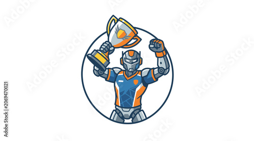 Foto Robotic warrior mascot character holding golden trophy cup aloft.