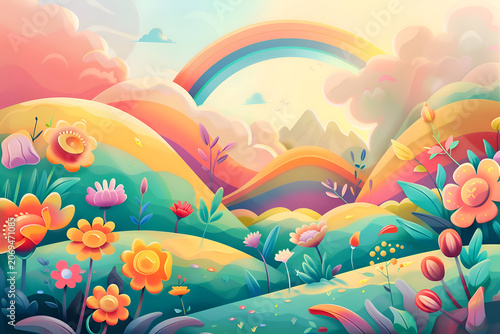 Flower meadow filled with colorful blooms and rainbow sky