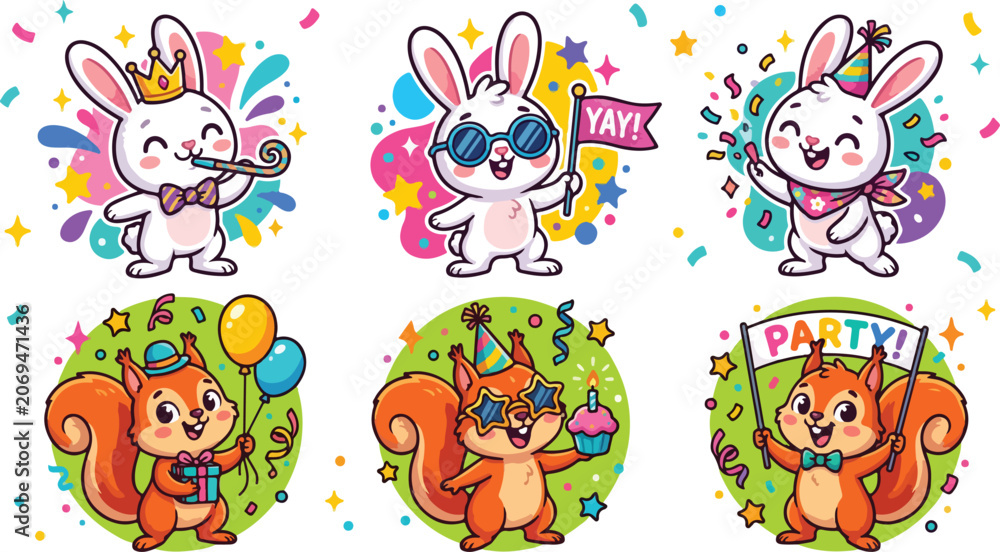 Obraz premium Cartoon rabbits and squirrels celebrate a joyful party with colorful confetti and festive accessories