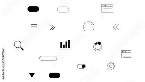 A comprehensive set of modern user interface elements and web icons, including search bars, toggles, arrows, and data visualization symbols.