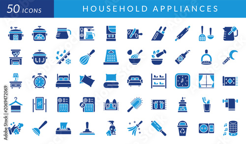 Household appliance icon set featuring kitchen tools, home essentials, bathroom accessories, furniture, cleaning supplies, small appliances, storage solutions, and everyday living concepts.