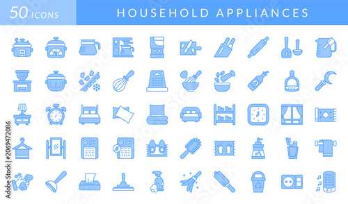 Household appliance icon set featuring kitchen tools, home essentials, bathroom accessories, furniture, cleaning supplies, small appliances, storage solutions, and everyday living concepts.