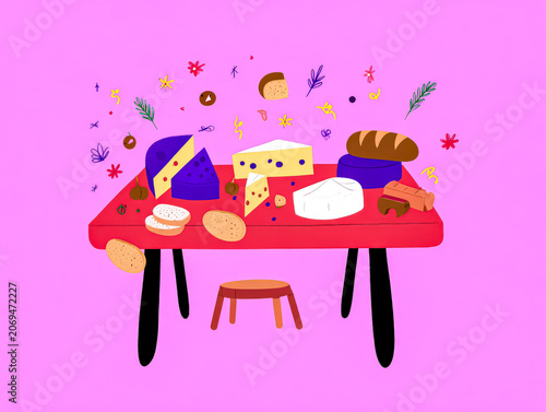 Cozy Wooden Table with Variety of Farm Cheeses on Pink Background