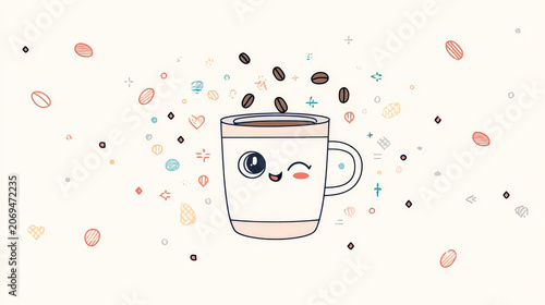 Cute Coffee Cup with Happy Face and Winking Eye Surrounded by Coffee Beans