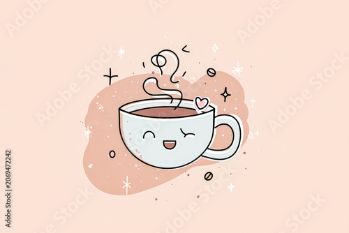 Cute Coffee Cup with Smiling Face and Winking Expression