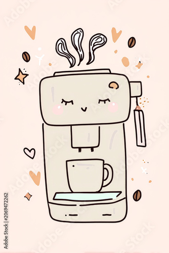 Cute Coffee Machine Illustration with Smiling Face and Rising Steam