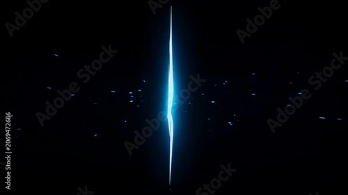 Bright blue laser beam splitting vertically on a pitch black background with fine particles. Futuristic technology and light speed concept