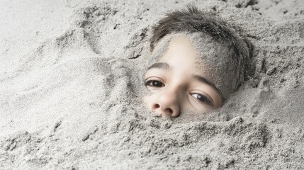Child's face emerging from sand, playing on beach. Concept representing summer fun, childhood joy, and carefree holidays