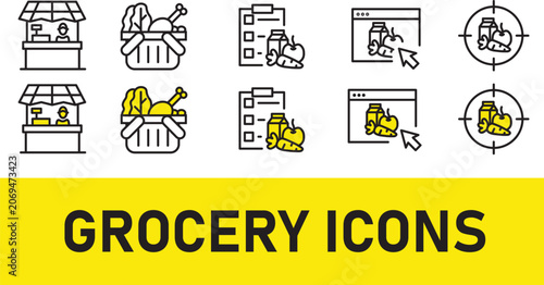 Grocery store, supermarket departments, online shopping, delivery thin line icons for web, mobile app. Editable stroke. Shop vector set include icons: