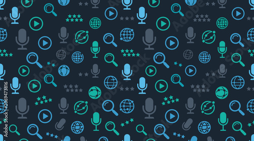 Digital news symbols and journalistic routine metaphors forming a continuous seamless pattern for technology and app backgrounds.