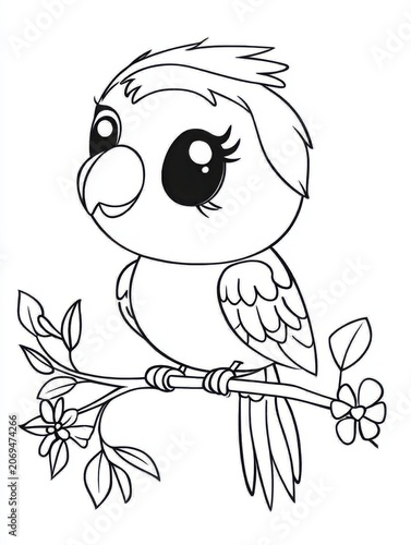 Cute cartoon bird sitting on branch coloring page