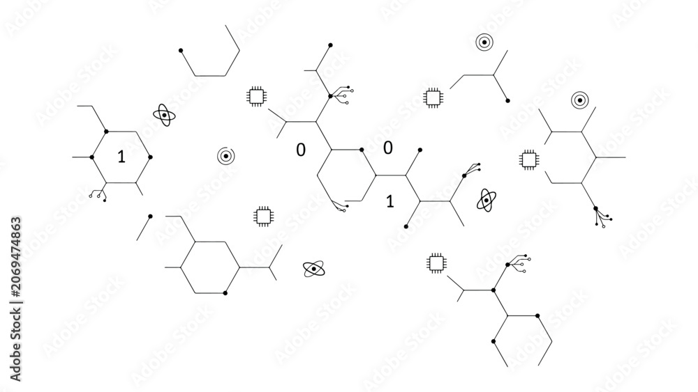 Fototapeta premium Futuristic abstract background with hexagons, circuit boards, binary code, and atoms, representing quantum computing and science.