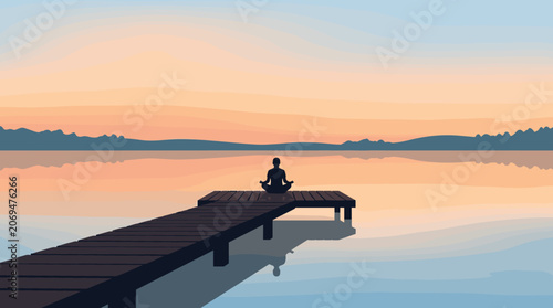Person sitting alone at end of wooden dock over calm water, person, dock, water, sunset, solitude, lake, calm, horizon, backview,